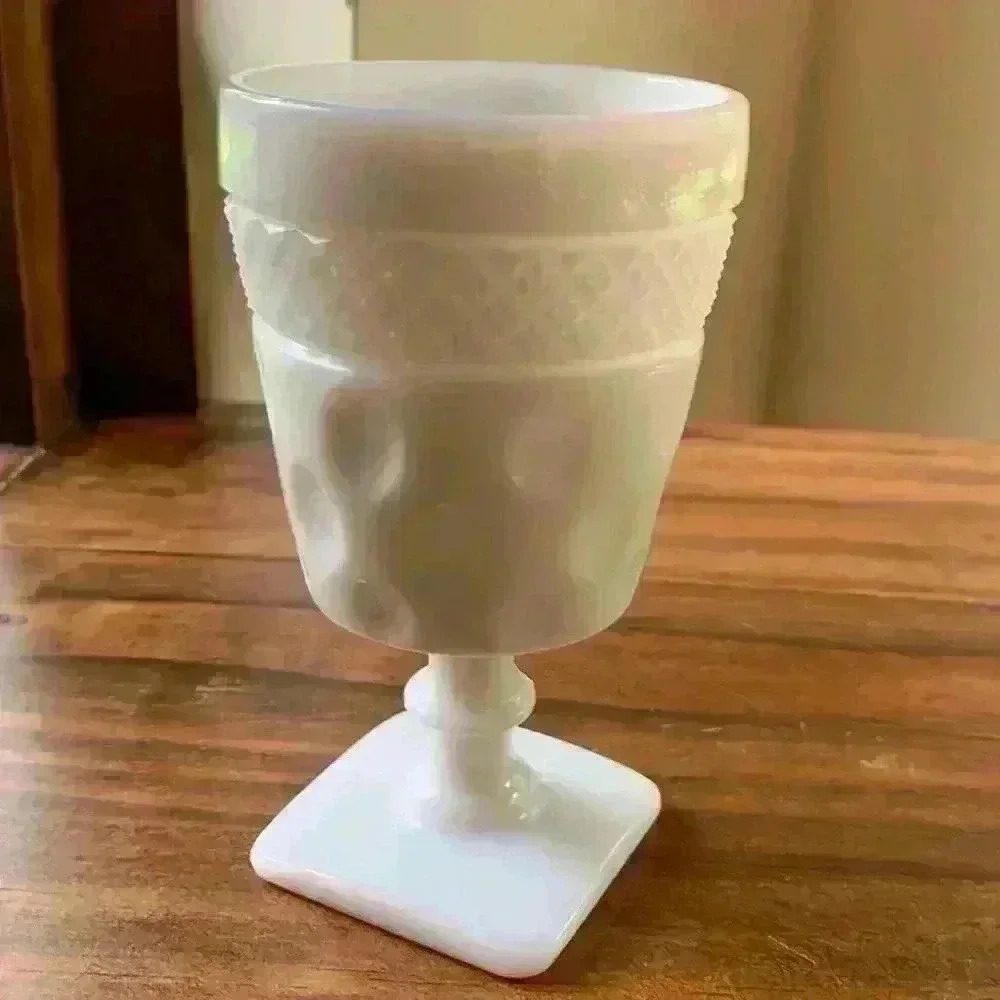 Vintage McKee Opal Milk Glass Pedestal Vase Pattern is Crosshatch & Dot Design - Picture 2 of 8